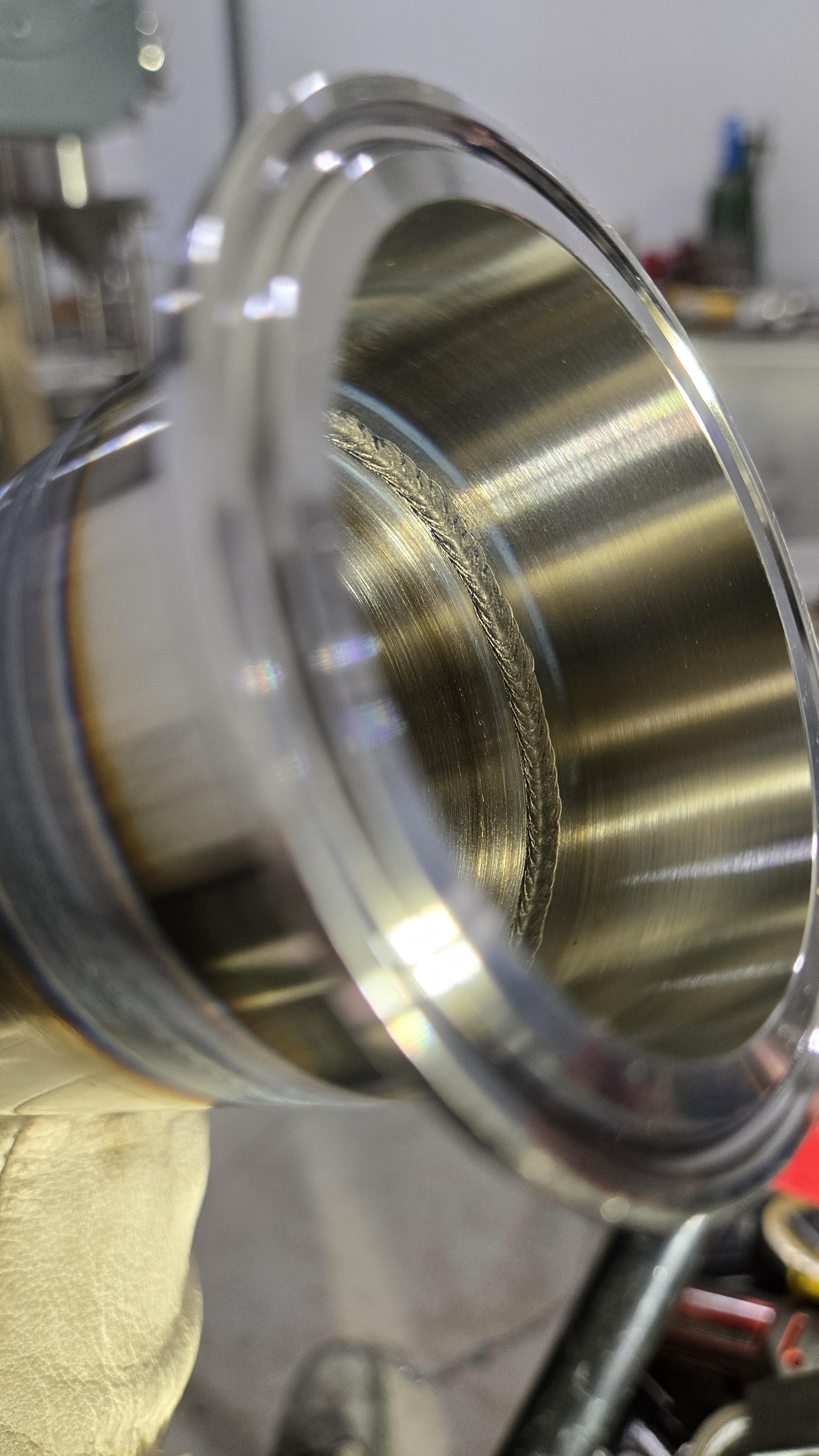 Sanitary TIG welding detail on stainless steel pipe